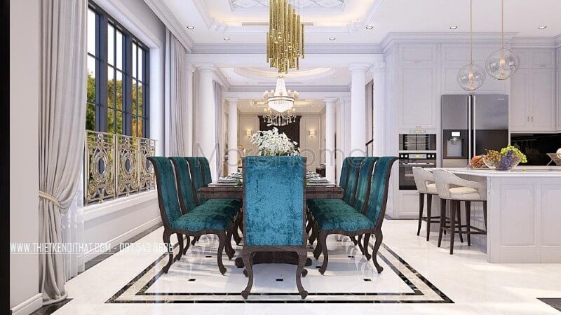 Bộ bàn ăn gỗ tự nhiên cao cấp có phong cách tân cổ điển sang trọng, các họa tiết chạm khắc nhẹ nhàng, không quá cầu kỳ giúp không gian trở nên thêm ấn tượng và hấp dẫn hơn.
