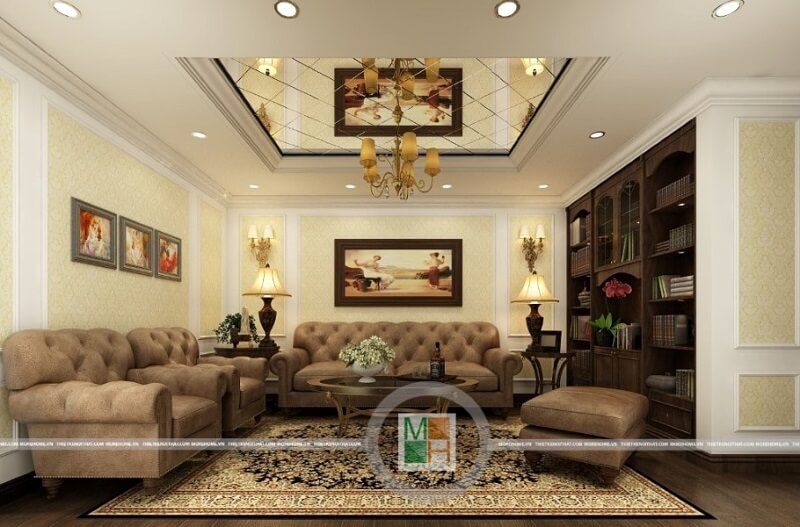 Mẫu thiết kế nội thất cho chung cư tân cổ điển cao cấp được sử dụng tông màu vàng làm chủ đạo.