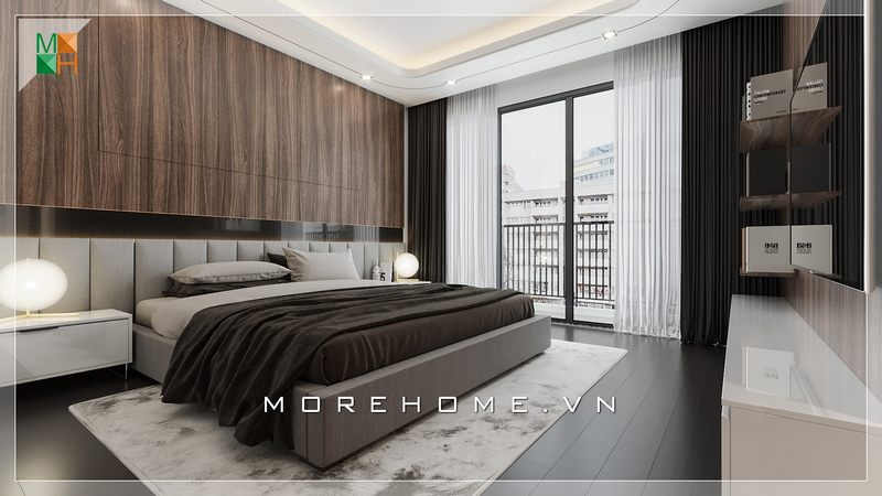 Mẫu nội thất phòng ngủ hiện đại có thiết kế sang trọng với cửa ban công lớn để tận hưởng ánh nắng tự nhiên và tạo ra năng lượng phù hợp cho các loại hình nhà ở như chung cư, nhà phố, biệt thự.