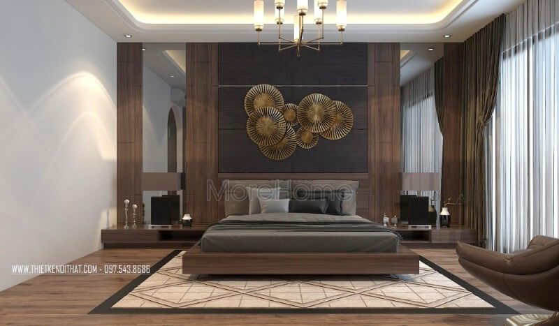 Nếu bạn sở hữu một căn phòng ngủ biệt thự có cửa sổ rộng bạn có thể lựa chọn những mẫu giường ngủ thấp với tông màu trầm để có không gian sang trọng và năng động hơn