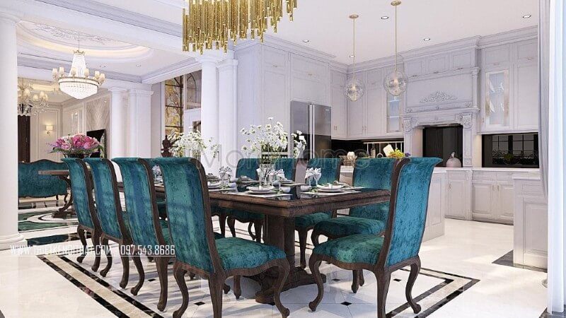 Thiết kế nội thất phòng ăn biệt thự tân cổ điển liền kề khu vực nhà bếp tạo sự tiện dụng cho gia chủ trong quá trình sử dụng