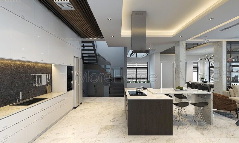 Thiết kế nội thất căn bếp gỗ công nghiệp hiện đại khá rộng rãi, khu bếp nấu ăn và kệ bếp được tách riêng biệt mang đến sự thoải mái và tiện nghi cho gia chủ