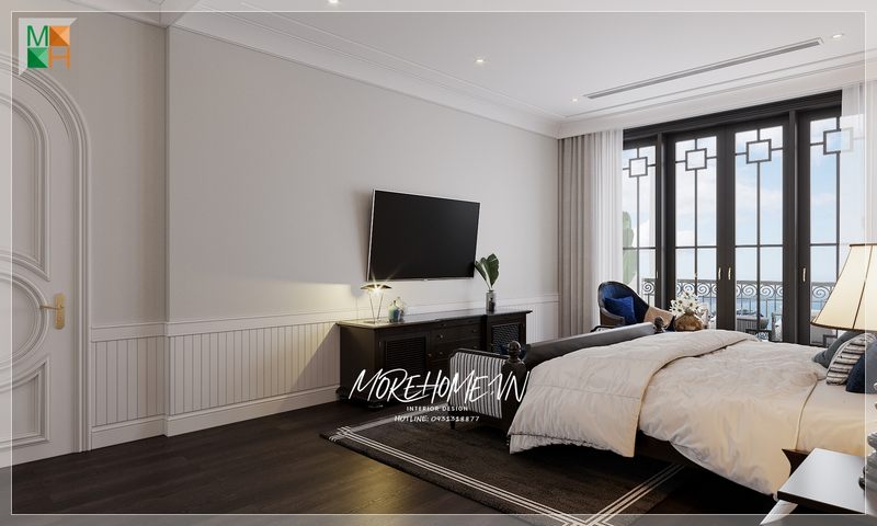 Kệ tủ tivi được thiết kế mang phong cách Indochine tạo cảm giác sang trọng, thân thiện khi bước chân vào căn phòng.