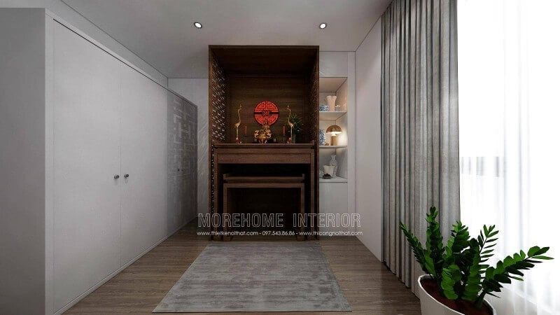 Phòng thờ chung cư cao cấp được trang bị nội thất bằng gỗ tự nhiên.