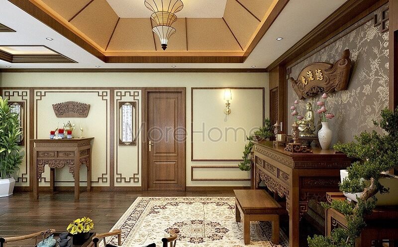 Mẫu thiết kế nội thất cho phòng thờ biệt thự đẹp có không gian thờ phật và thờ gia tiên rộng lớn, được trang bị nội thất gỗ tự nhiên cao cấp.