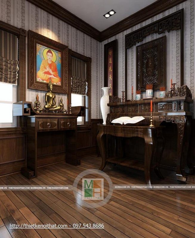 Nội thất phòng thờ được thiết kế bằng gỗ tự nhiên cao cấp, đầy sang trọng.